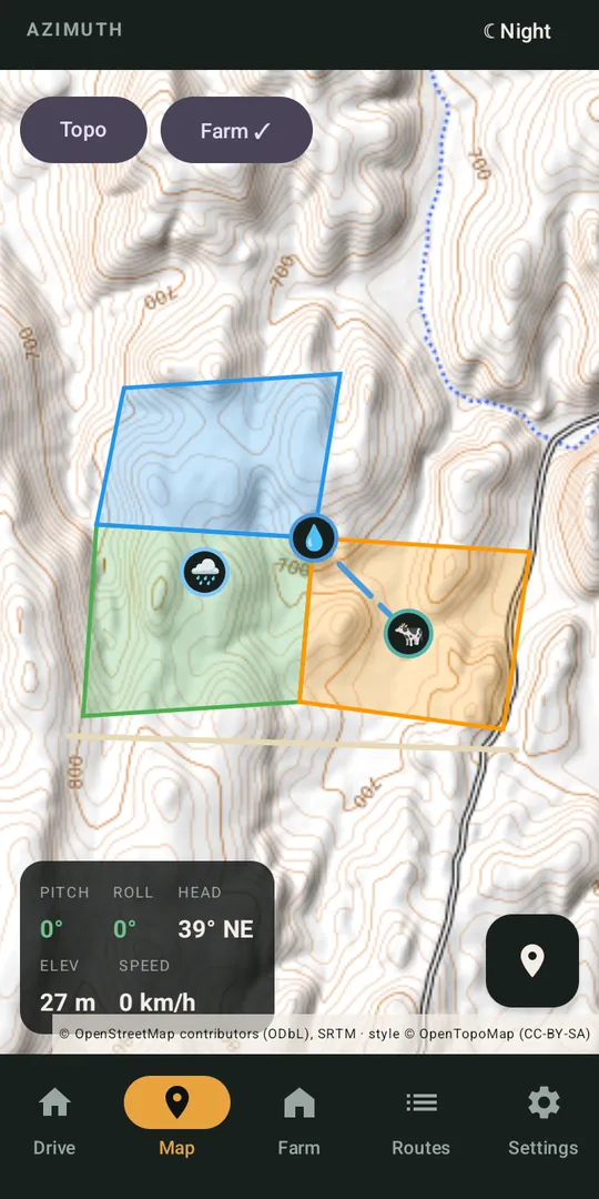Azimuth farm map with camps, a pipeline, a fence and a windmill