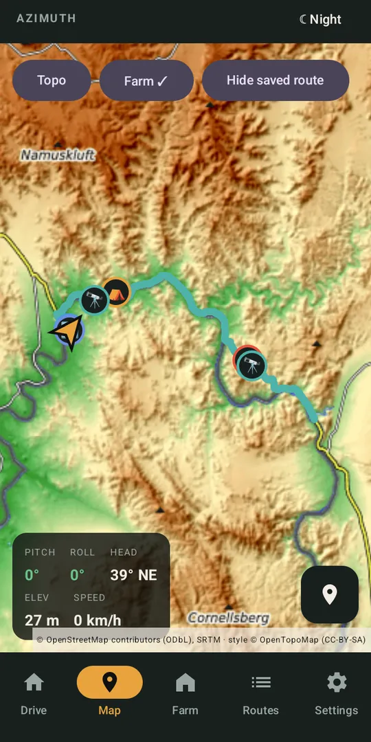 Azimuth topographic map with a recorded 4x4 route and waypoints